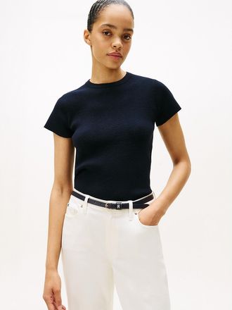 Tommy Hilfiger Womens Short-Sleeve Ribbed Crewneck Sweater - Navy - XXL