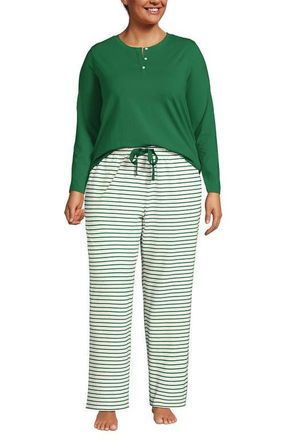 Lands End Petite Knit 2 Piece Pajama Set - Long Sleeve Top and Pants in Ivory/clover Simple Stripe at Nordstrom, Size 1X