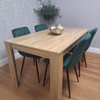Kosy Koala Dining Set of 4 Oak Effect Dining Table With 4 Green Velvet Chairs Dining Room Furniture in Brown