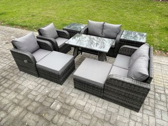 Fimous 8 Seater Wicker PE Rattan Garden Dining Set Outdoor Furniture Sofa with Rectangular Dining Table 2 Side Tables 2 Big Footstool in Dark Grey