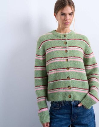 Topshop Cardigan verde in maglia a righe multicolore