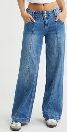 YMI Bella Triple Button Low Rise Wide Leg Jeans in Medium Blue at Nordstrom, Size 1