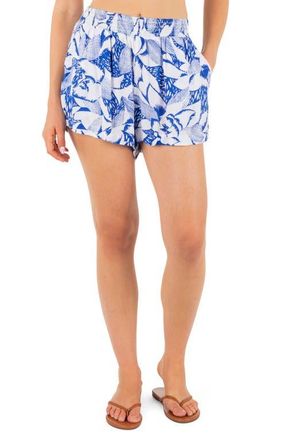 Hurley Paloma Floral Crinkle Gauze Smocked Shorts in Hydro at Nordstrom, Size X-Small