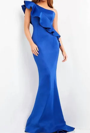 Jovani Ruffle Draped Mermaid Evening Dress In Cobalt