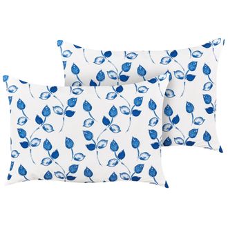 Beliani Conjunto De 2 Cojines De Jard&iacute;n Almohada De Exterior 40 X 60 Cm Poli&eacute;ster Motivo Hojas Blanco Y Azul Torbora