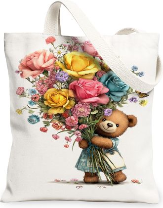 Generic Floral Canvas Tote Bags, Colorful Flower Design Reusable Bags, Spring Vintage Cute Lightweight Washable Canvas for Outdoor, White, 13x15 Inch