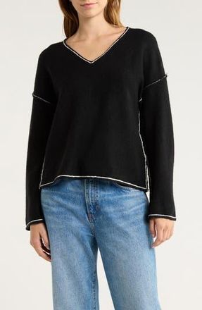 Vince Camuto Contrast Detail V-Neck Sweater in Rich Black at Nordstrom Rack, Size X-Large P