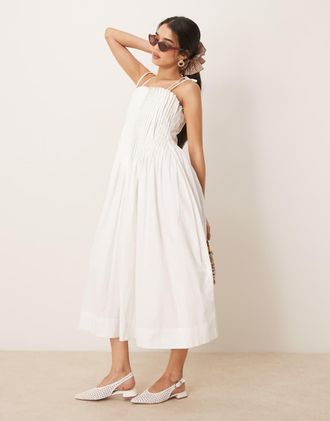 Asos narrow pintuck bodice dress with tie straps in white