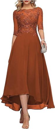 Generic Lace Applique Mother of The Bride Dresses for Women with 3/4 Sleeve Tea Length Mother of Groom Dress Burnt Orange UK10