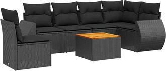 vidaXL Set De Comedor De Jard&iacute;n 7 Pzas Y Cojines Rat&aacute;n Sint&eacute;tico Negro Vidaxl