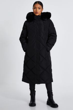 Quiz Womens Petite Black Quilted Long Parka - Size 8 UK