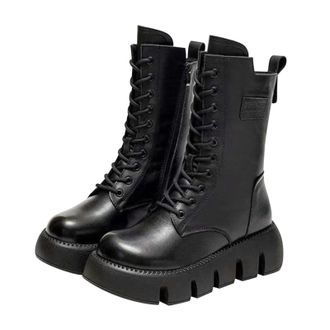 Generic Womens Combat Platform Boots, Black Synthetic Leather, Mid-Calf Length, Velvet Lined, Lace-Up Design with Chunky Lugged Sole, 1.5 Inch Platform