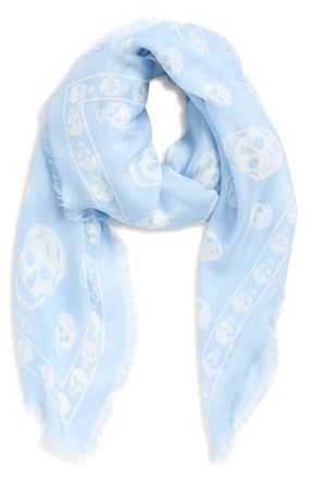 Alexander McQueen Skull Print Silk Scarf in Ice Blue/White at Nordstrom
