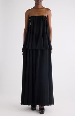 Chlo&eacute; Chain Strap Peplum Silk Georgette Maxi Dress in Black at Nordstrom, Size 4 Us