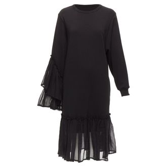 Dries Van Noten black cotton asymmetric sleeve ruffle hem sweatshirt dress S