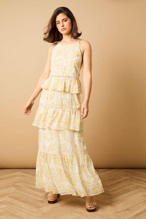 Oasis Womens Printed Lace Detail Halterneck Tiered Midaxi Dress - Multicolour - Size 10 UK