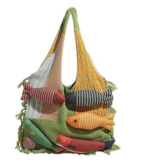 Generic 3D Fish Knitted Tote Bag,Cute Cartoon Fish Patchwork Shoulder Bags,Large Capacity Bohemian Hobo Handbag for Travel Vacation (F)