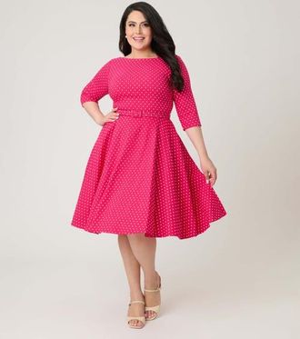Unique Vintage Plus Size Three Quarter Sleeve Belted Devon Swing Dress in Pink W/White Pindot at Nordstrom, Size 3X