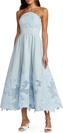 Mac Duggal Lace Strapless A Line Midi Dress With 3D Flowers in Powder Blue at Nordstrom, Size 16