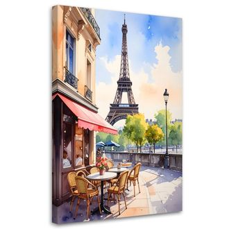 Feeby Cuadro En Lienzo, Caf&eacute; Parisino Con Vistas A La Torre Eiffel, 70x100