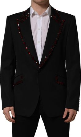 Dolce & Gabbana Mens Black Crystal Embellished Coat Blazer Jacket Virgin Wool Silk Polyester Clothing