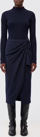 Pinko Pinstriped Knit Midi Dress with High Neck and Ruched Waist