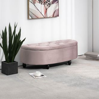 HOMCOM Semi-Circle Bed End Bench Ottoman with Storage Tufted Upholstered Accent Seat Footrest Stool with Rubberwood Legs for Bedroom & Entryway