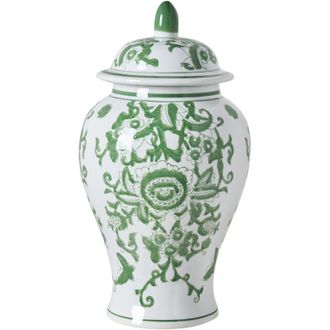 Beliani Flower Vase with Lid White and Green Lidded Ginger Jar Porcelain Decorative Table Accessory Antique Vintage MONDRAGON