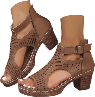 Generic Chunky Heeled Sandals for Women Bohemian Stacked Heeled Cutout Sandals Open Toe Summer Block Heel Booties Ankle Buckle Fashion Dress Sandal with Back 