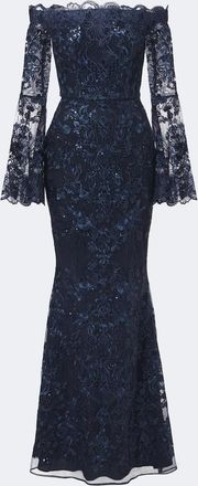 Elie Saab Sequined off-shoulder lace bustier gown