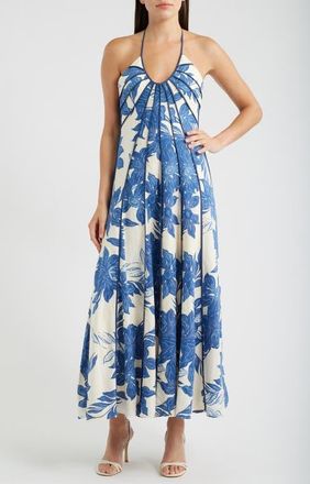 Parker The Novia Floral Print Maxi Halter Dress in Coastal Fjord at Nordstrom, Size 16