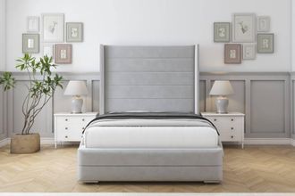 Sloomy Sterling Plush Frame-Mattress - 50 Upholstered Wingback Headboard in Silver | Size: Double