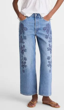 Madewell Embroidered Low Slung Baggy Crop Jeans in Worn Mid Indigo at Nordstrom, Size 24