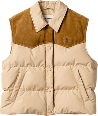 Miu Miu logo-detail vest - women - Recycled Polyester/Calf Leather/Recycled Polyester/Goose Down/Goose Feather - 36 - Neutrals