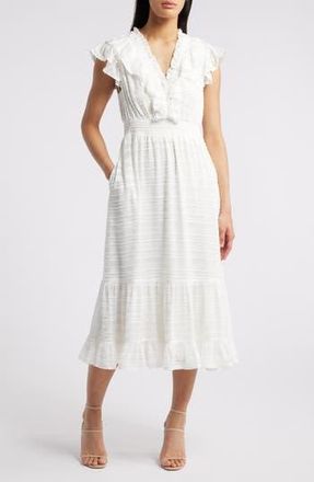 Chelsea28 Ruffle Detail Textured Stripe Dress in White at Nordstrom Rack, Size Large