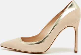 Malone Souliers Cream/gold Patent Leather And Suede Pointed Toe Pumps