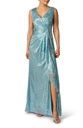 Adrianna Papell Metallic Crinkle Sleeveless Mesh Gown in Blue at Nordstrom, Size 10