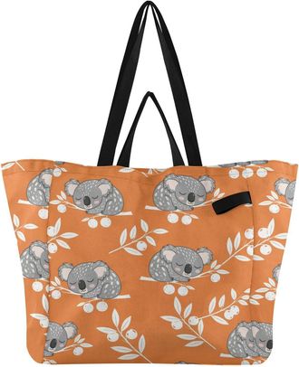 Generic Koala Orange Leaves pattern Reusable Canvas Tote Bag, Heavy Duty Grocery Shopping Bag with Large Capacity Double Handles Hard Bottom Work Groceries Tr
