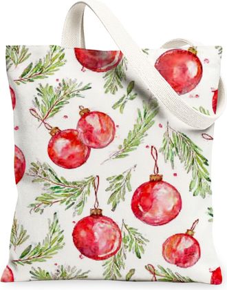 Generic Christmas Ornaments Floral Canvas Tote Bags, Vintage Holiday Print Reusable Grocery Bags, Lightweight Washable Shoulder Str, Red, 13x15 Inch