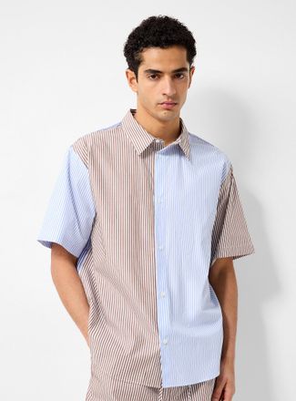 Rue De Tokyo Mens Brown and blue striped crisp poplin shirt