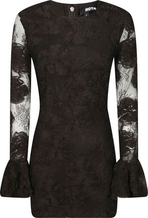 Rotate 3D Flower LS Floral Appliqu&eacute; Lace Mini Dress