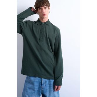 Topman Textured Long Sleeve Polo in Dark Green at Nordstrom, Size Xx-Large
