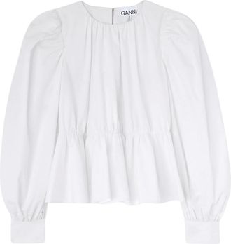 Ganni Overhemden, Dames, Wit, XS, Katoen, Katoenen Poplin Peplum Strik Blouse