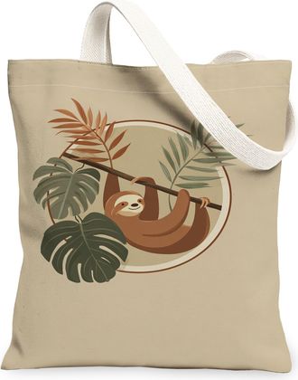 Generic Sloth Canvas Tote Bags, Animal Leaf Pattern Reusable Grocery Bags, Summer Vintage Lightweight Washable Shoulder Strap, Beige, 13x15 Inch