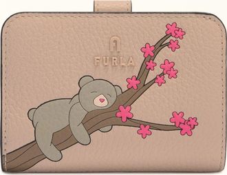 Furla Camelia Compact Wallet S Toni Cotone Pink Eracle Grained Calf Leather With Orso Primavera Print Woman
