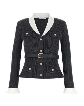 Self Portrait Grey Ribbed Knit Cardigan
