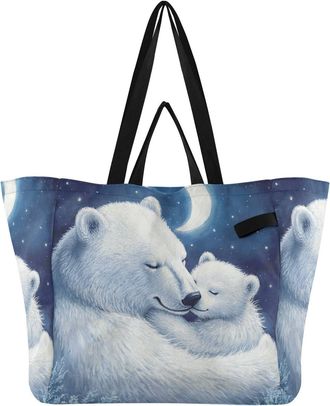 Generic Polar Bear Blue print Reusable Canvas Tote Bag, Heavy Duty Grocery Shopping Bag with Large Capacity Double Handles Hard Bottom Work Groceries Travel