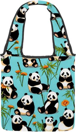 Generic Cute Panda on Blue Reversible Canvas Shoulder Tote - Double-Sided Print, 12oz Cotton, 27cm Drop, Fold-Flat Bag for Travel, Shopping, Street Outings