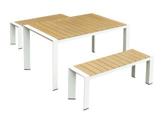 Vente-Unique Comedor de jard&iacute;n de aluminio: mesa L.150 cm y 2 bancos - Natural claro y blanco - NYROS de MYLIA