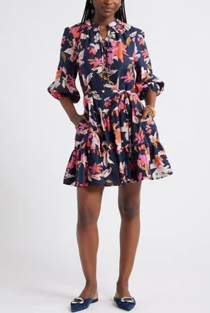 Caslon Tie Neck Tiered Dress in Navy- Pink Lucy Floral at Nordstrom Rack, Size Medium